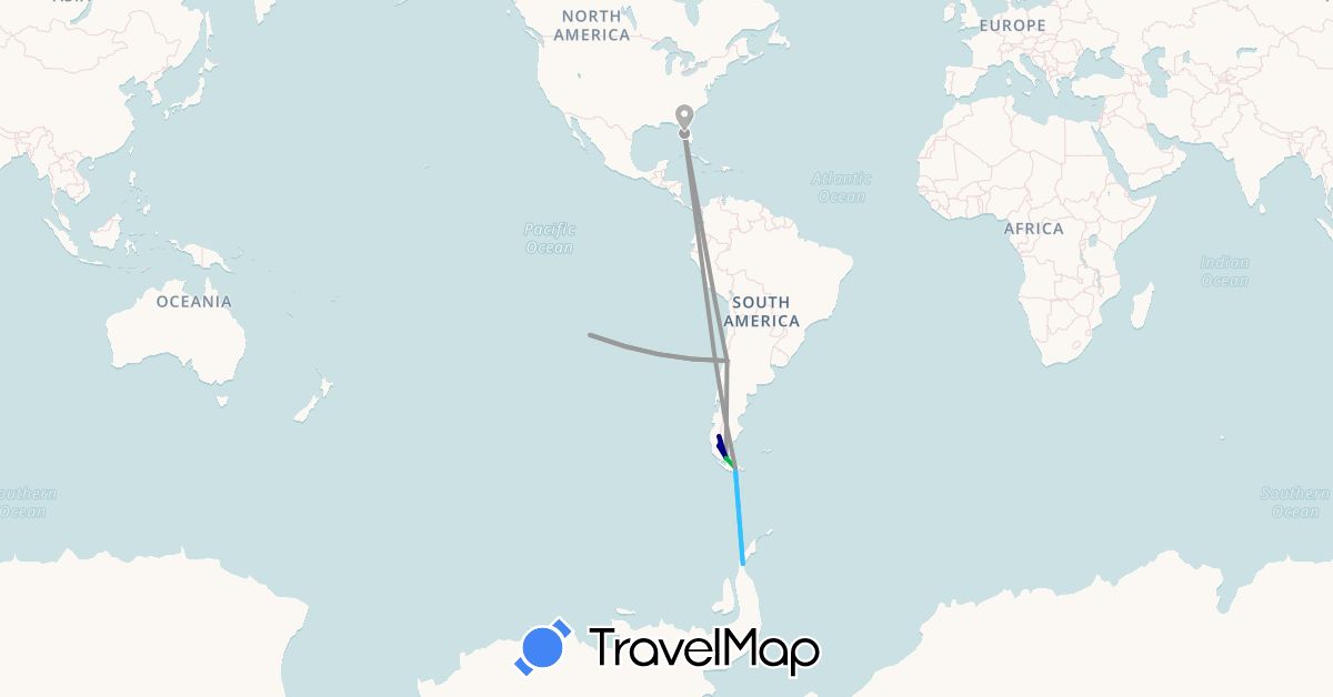 TravelMap itinerary: driving, bus, plane, boat in Antarctica, Argentina, Chile, United States (Antarctica, North America, South America)